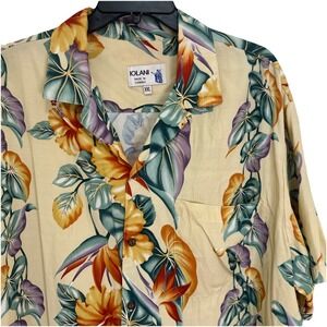 Vintage‎ Iolani Hawaiian Men's 2XL Short Sleeve Rayon Shirt Beige Tropical Print